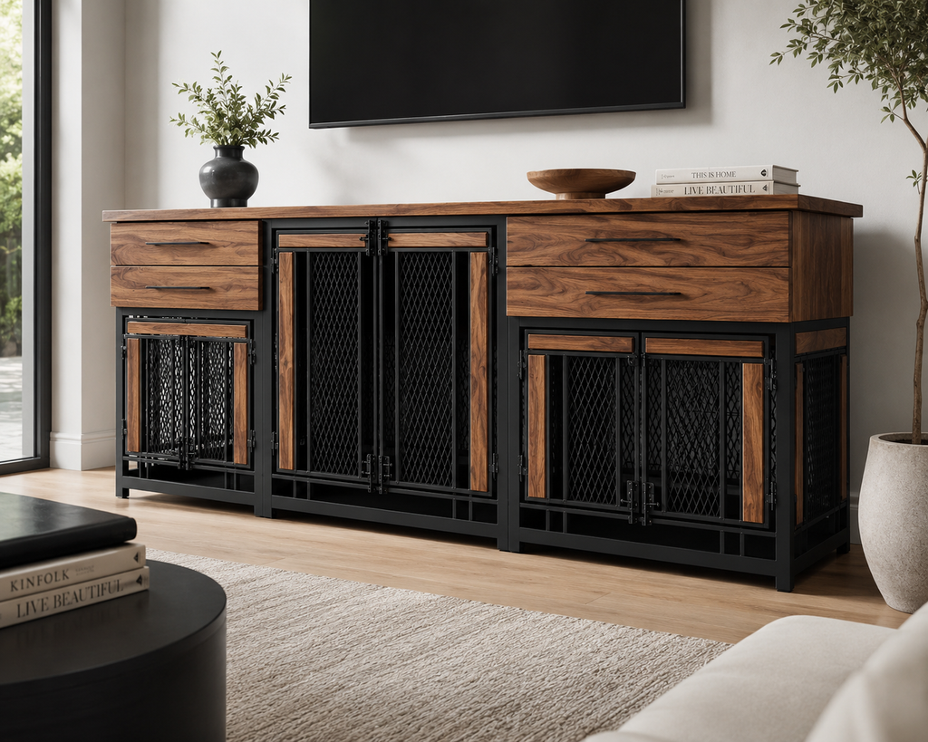 Luxury Triple Custom Dog Crate Furniture | Elegant Multi-Kennel Solution