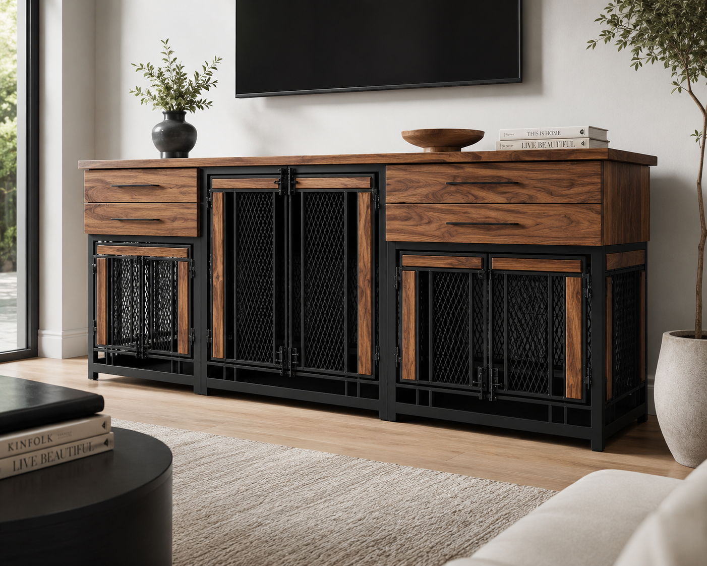 Luxury Triple Custom Dog Crate Furniture | Elegant Multi-Kennel Solution