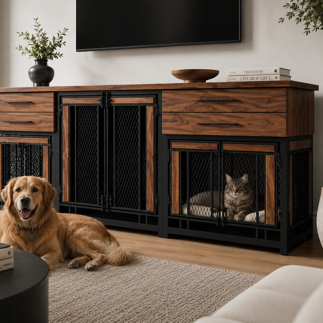 Luxury Triple Custom Dog Crate Furniture | Elegant Multi-Kennel Solution