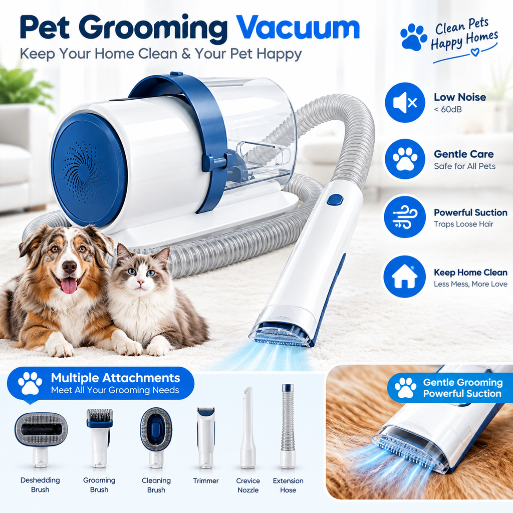 Professional Pet Grooming Vacuum Kit 3 Suction Modes and 5 Groomer Tools with Cordless Low Noise Clippers for Cats and Dogs