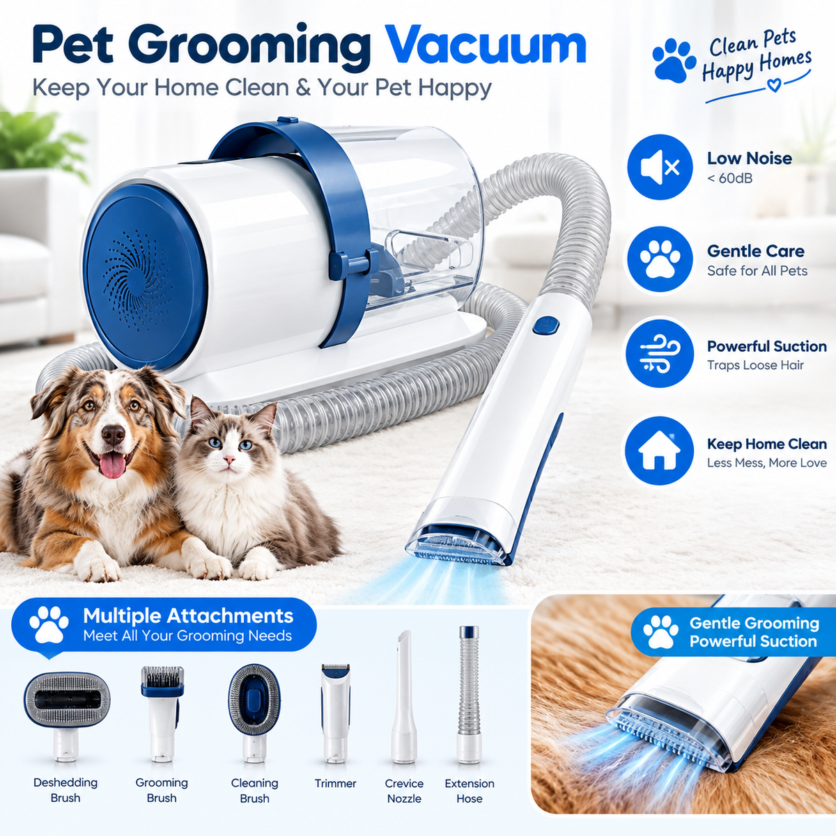 Professional Pet Grooming Vacuum Kit 3 Suction Modes and 5 Groomer Tools with Cordless Low Noise Clippers for Cats and Dogs