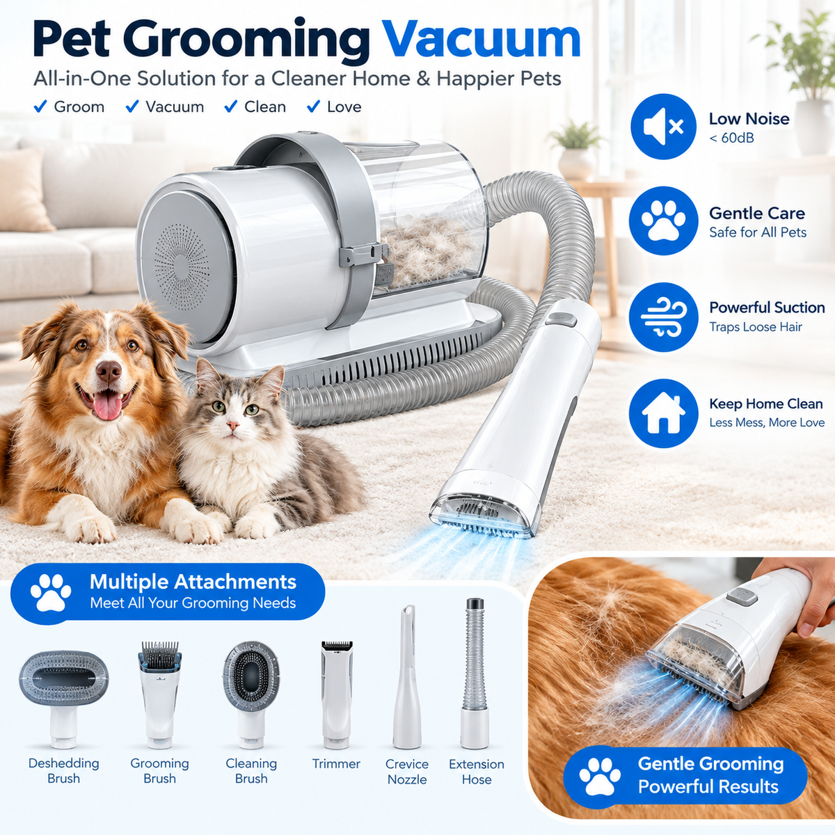 Professional Pet Grooming Vacuum Kit 3 Suction Modes and 5 Groomer Tools with Cordless Low Noise Clippers for Cats and Dogs