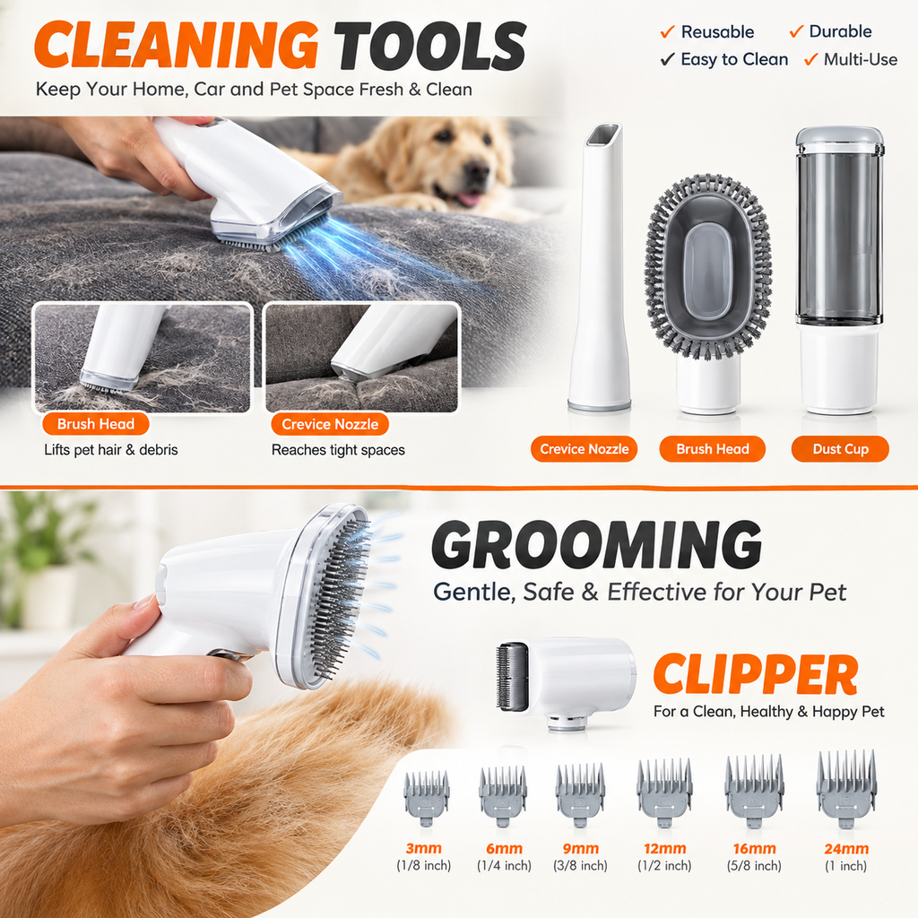 Professional Pet Grooming Vacuum Kit 3 Suction Modes and 5 Groomer Tools with Cordless Low Noise Clippers for Cats and Dogs